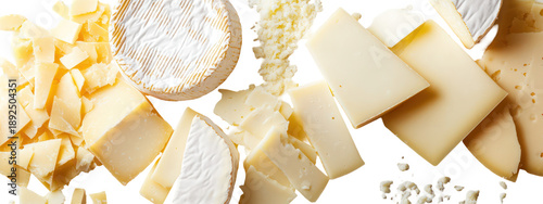 Aged hard cheeses parmesan pecorino manchego slices flat lay on transparent background