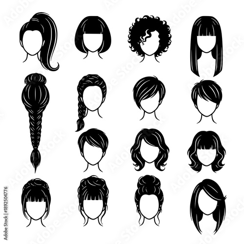 Stylized female hair silhouette icons vector set for beauty salon and hairstyling apps
