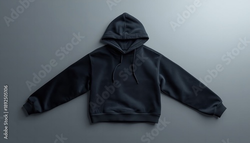 A black hoodie laid out on a gray surface, perfect for fashion or apparel design