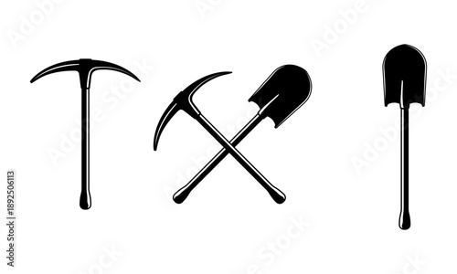 Set of black icons including a shovel, a pickaxe, and crossed shovel and pickaxe, without background.