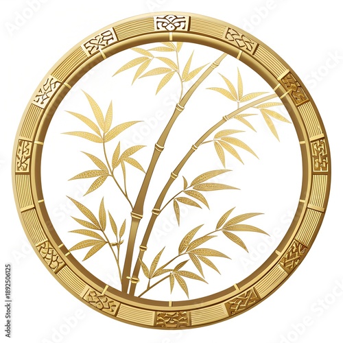Elegant Golden Bamboo Symbol Inside Traditional Circular Frame, Asian Zen Botanical Emblem and Luxury Oriental Design Isolated on White Background.