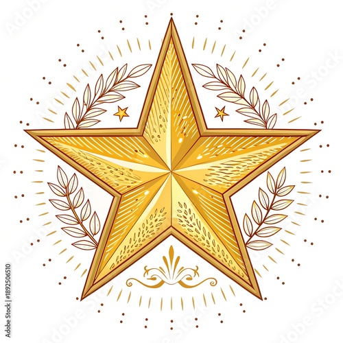 Elegant Golden Five Point Star Emblem with Laurel Wreath and Decorative Details, Luxury Award and Achievement Symbol on White Background.