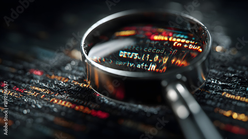 Magnifying glass examining computer code and data streams symbolizing cybersecurity investigation and digital forensics.