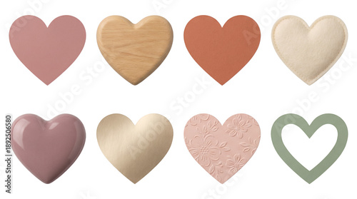 Decorative heart set including wooden, paper, fabric, ceramic, metallic, and embossed textures isolated. Romantic love symbols for Valentine's Day craft and decoration.