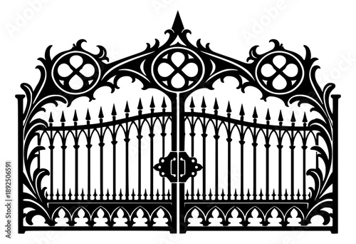 ornate gothic wrought iron fence and gate silhouette with symmetrical medieval decorative patterns 