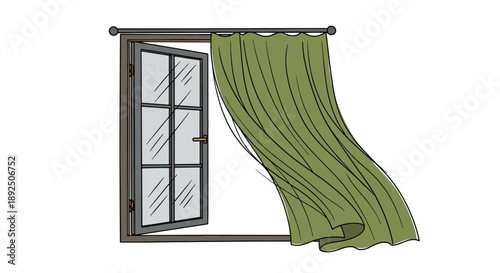 Open window with green curtains blowing in the wind, fresh air concept