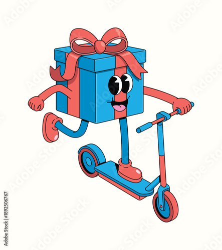gift box kick scooter groovy cartoon illustration