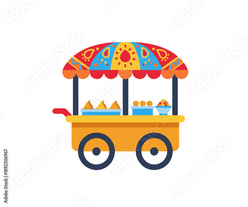 indian street food cart vector illustration with traditional snacks and colorful canopy 