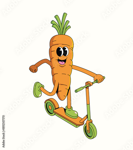 carrot kick scooter groovy cartoon illustration
