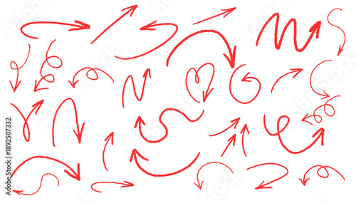 Red pencil arrow set. Grunge style marker scribbles, crayon strokes outline drawings. vector illustration
