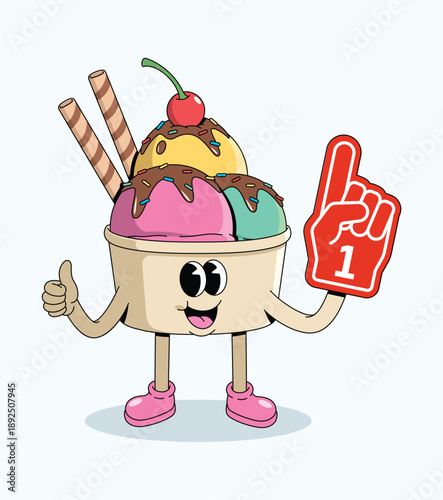 ice cream cup foam finger groovy cartoon illustration