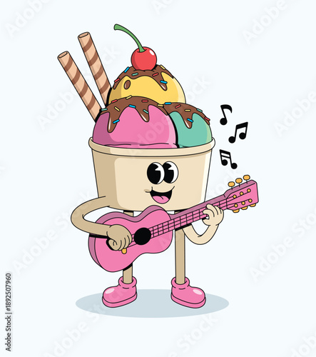 ice cream cup guitar groovy cartoon illustration