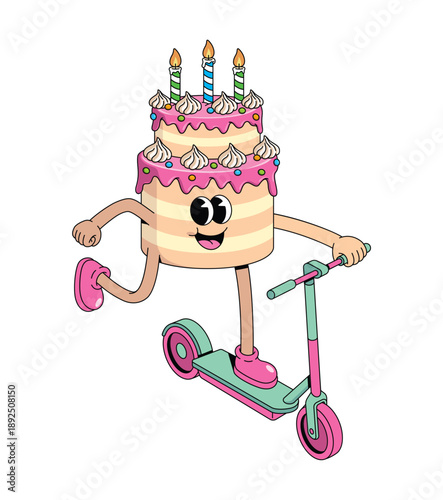 birthday cake kick scooter groovy cartoon illustration