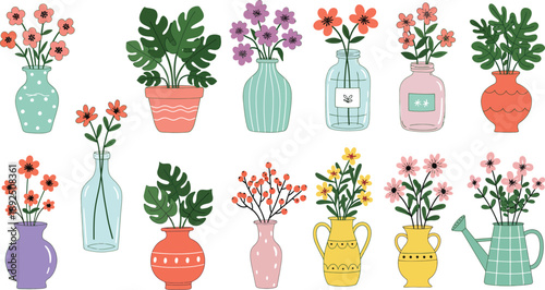 Colorful vases with various flowers on white background