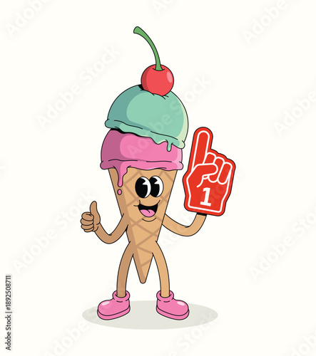 colorful ice cream foam finger groovy cartoon illustration