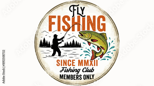 Round fly fishing club logo featuring an angler silhouette and jumping trout, vintage circular badge with Since MMXII and Members Only