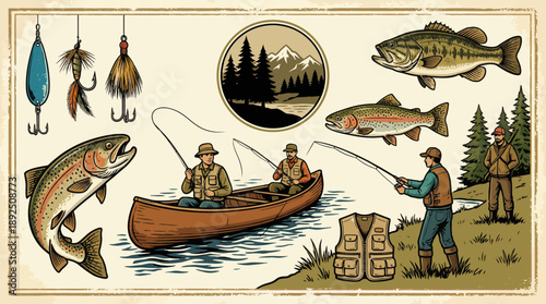 Vintage woodcut illustration of anglers fishing from a rowboat on a calm lake with lures, fish, and forest scenery