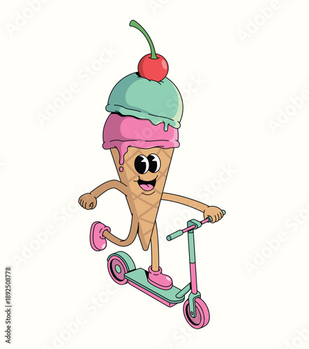 colorful ice cream cone kick scooter groovy cartoon illustration