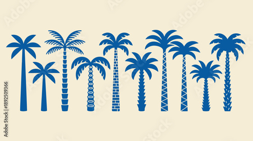 Row of blue palm trees on a beige background - stylized tropical landscape illustration for beach decor and decorative palm tree art