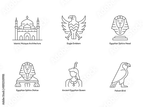 Ancient Heritage Line Icons Set – Egyptian Symbols, Islamic Architecture and Bird Emblems