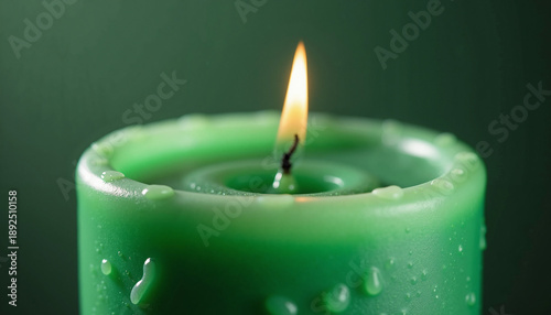 Green candle burning with warm light on dark background reflecting tranquility and calmness. Green candle's wax has melted slightly,
