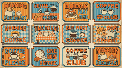 Retro orange cafe signboard collage featuring morning coffee, breakfast club slogans and vintage typography for cafe decor