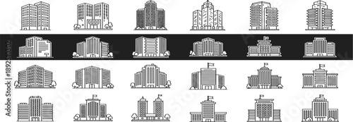 City building icon set, modern skyscraper and office buildings, urban architecture vector symbols, real estate cityscape icons isolated on white backgroundCity building icon set