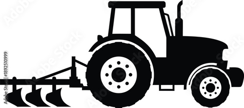 Tractor silhouette isolated on transparent background with plow attachment