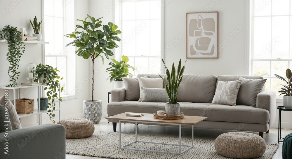 Naklejka premium Bright modern living room with indoor plants