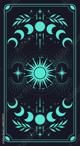 Esoteric blue tarot card with astrology symbols. Vector illustration template, boho style
