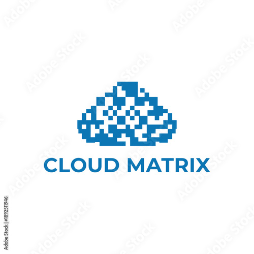 Blue pixelated cloud data icon logo for digital network storage or cloud computing software brand identity for Cloud Matrix