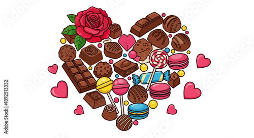 Assorted chocolates and sweets arranged in a heart shape with a rose on a white background, vector illustration, top view, 42.eps reference