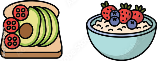 Healthy breakfast food icons set, avocado toast and oatmeal bowl with fresh berries, cute flat cartoon illustration isolated on white background