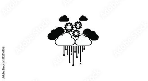 Black and white illustration of gear mechanism in rainy clouds