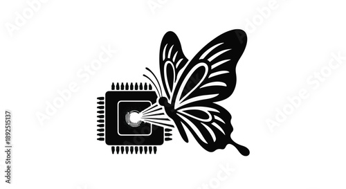 Butterfly emerging from computer chip on white background
