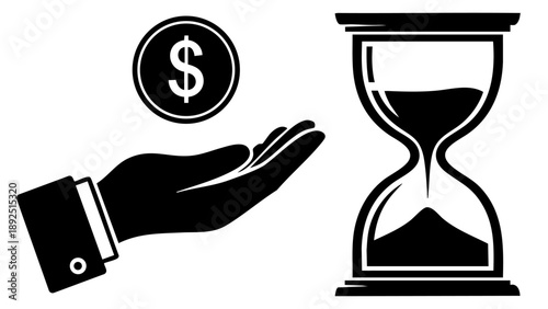 Business Concept Illustration Of Time Is Money Showing Hourglass, Hand, And Coin