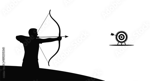Silhouette of focused archer aiming at target with bow and arrow