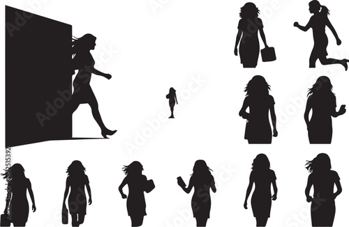Silhouettes of women in various poses and movements outside