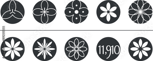 Collection of minimalist Japanese floral icons, traditional mon symbols, and decorative circular flower motifs in black and white for modern branding and logo design,