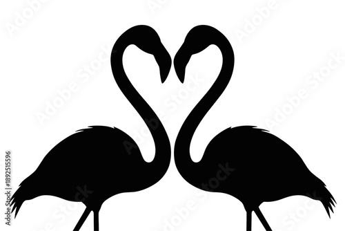 Elegant graphic illustration of two black flamingo silhouettes gracefully forming a heart shape with their intertwined necks, symbolizing enduring romance and nature's beautiful connection