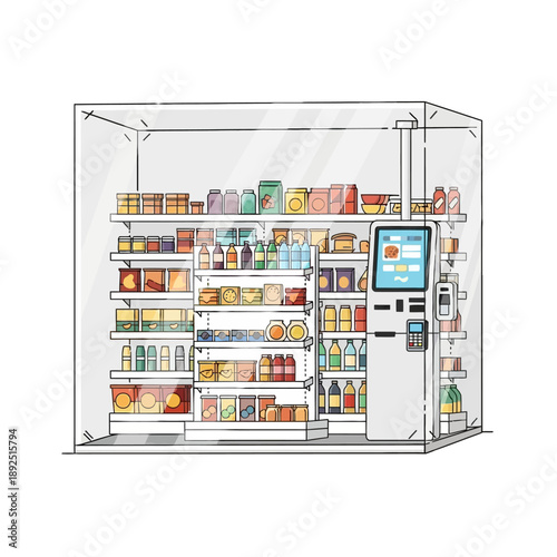 Illustration of a modern self-service grocery store with transparent walls and automated checkout system.