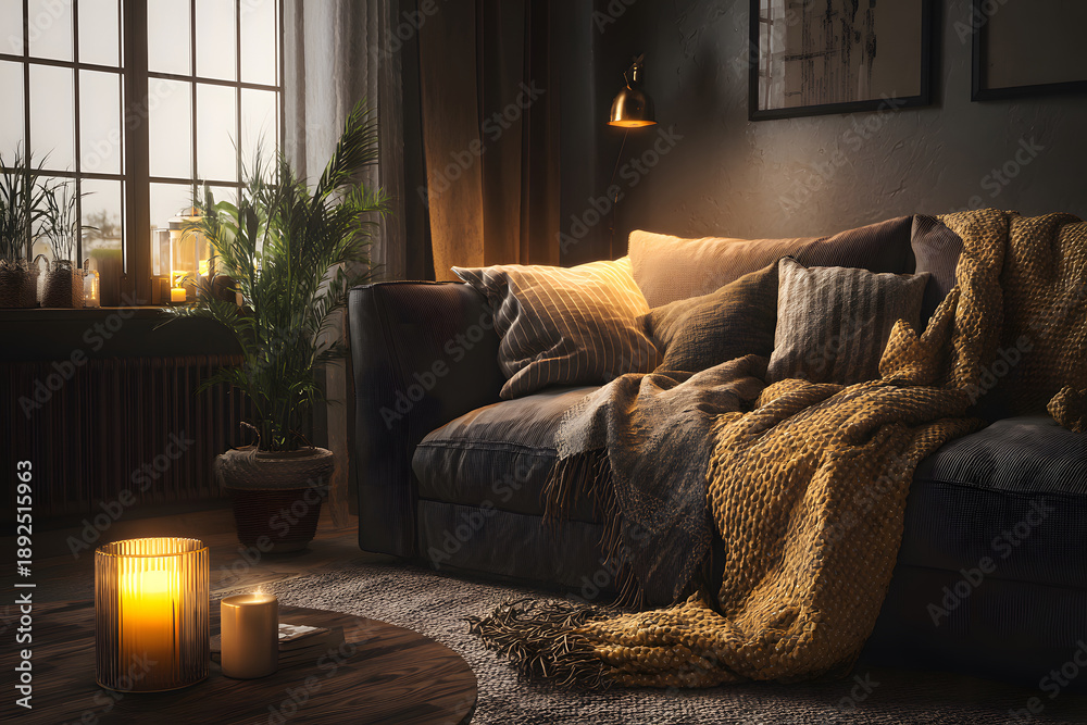 Fototapeta premium Cozy reading nook at home with comfortable chair, soft blanket, and warm lighting in the evening