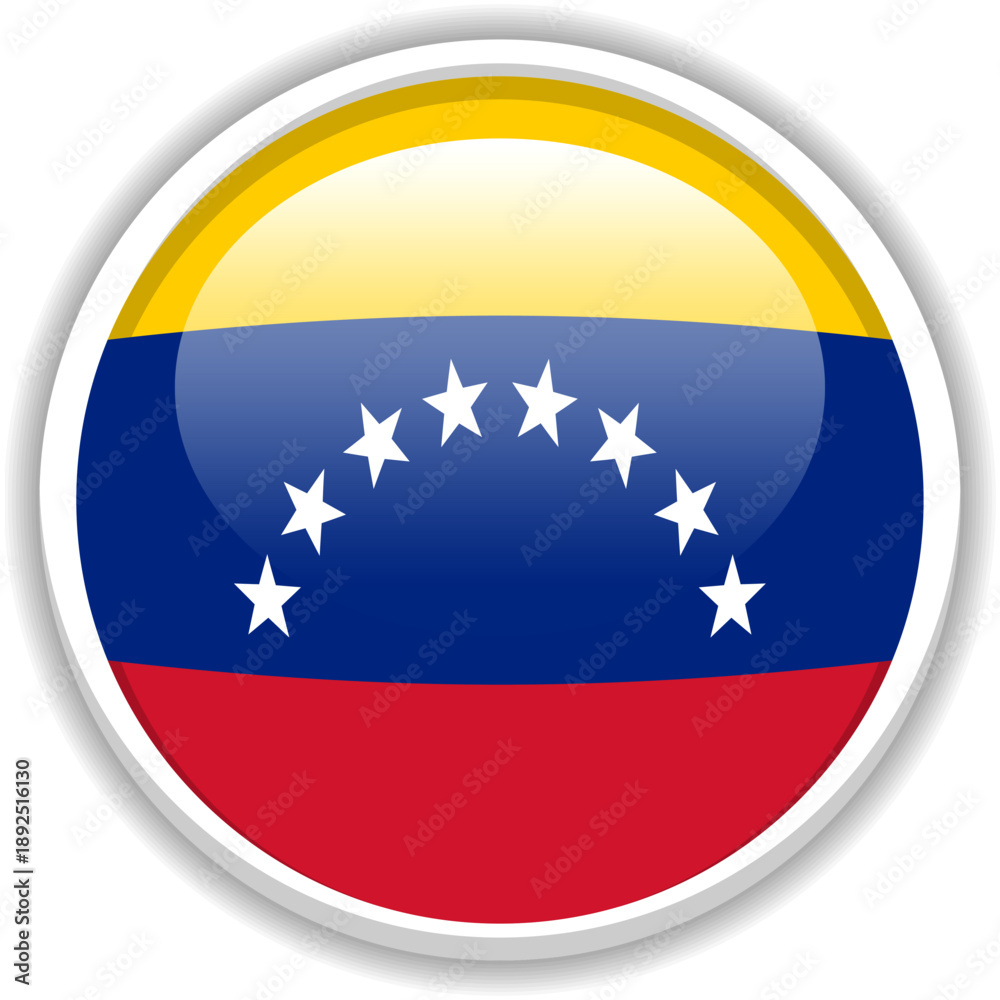 Fototapeta premium Venezuela Flag Button Icon Vector Illustration Glossy 3D Circular National Symbol Featuring Yellow Blue and Red Stripes with Stars Isolated on White Background for Patriotic Web Design