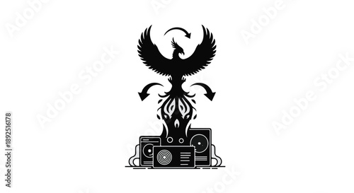 Stylized phoenix rising from turntable equipment