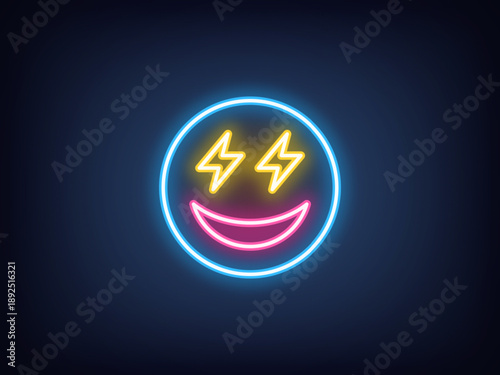 Outline neon pleasure emoji, blue yellow pink. Neon emoji with lightning eyes and smile. Excitement emoticon, anticipation feeling, enthusiasm face, surprise, flash eyes, positive mood. Vector