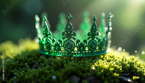 Elegant green crown resting on lush moss with soft sunlight illuminating the scene. Crown features intricate designs and sparkling details, creating a magical atmosphere perfect for St.
