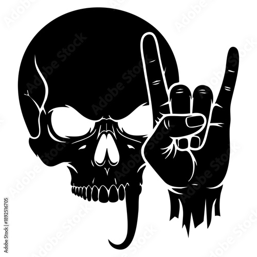 Monochrome Skull Illustration with Rock Hand Gesture Isolated on White Background Graphic