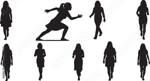 Silhouettes of women in various poses and walking styles