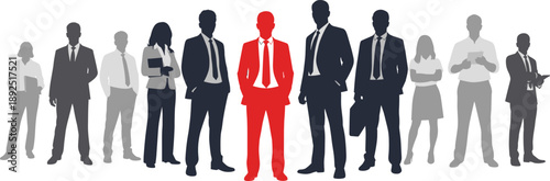 Business Leadership Concept Illustration Showing Standout Leader Among Team Silhouettes Representing Authority, Management, and Corporate Success