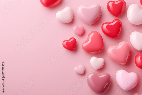 Various hearts in different shades scattered on a soft pink background ready for celebration